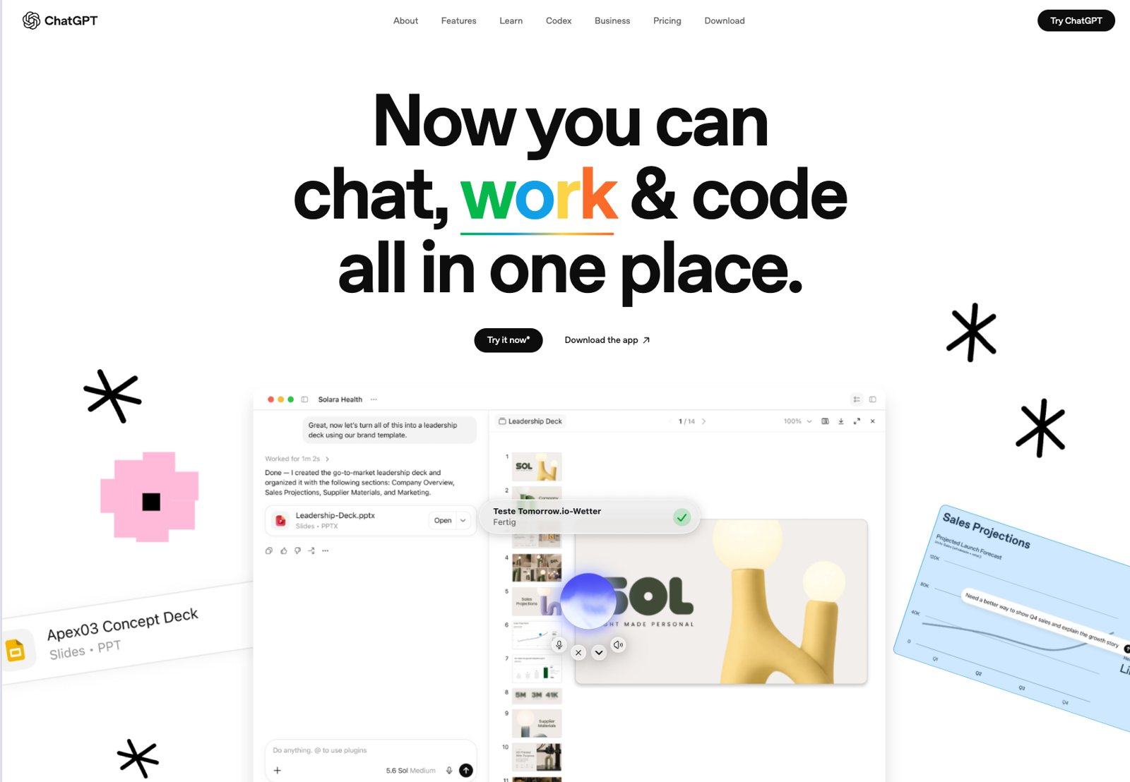 ChatGPT Landingpage: Chat, Work und Code in einem