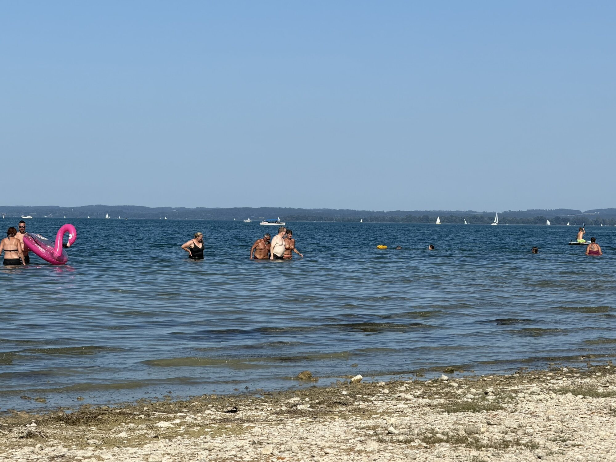 Badebetrieb am Chiemsee mit pinkem Flamingo-Schwimmring