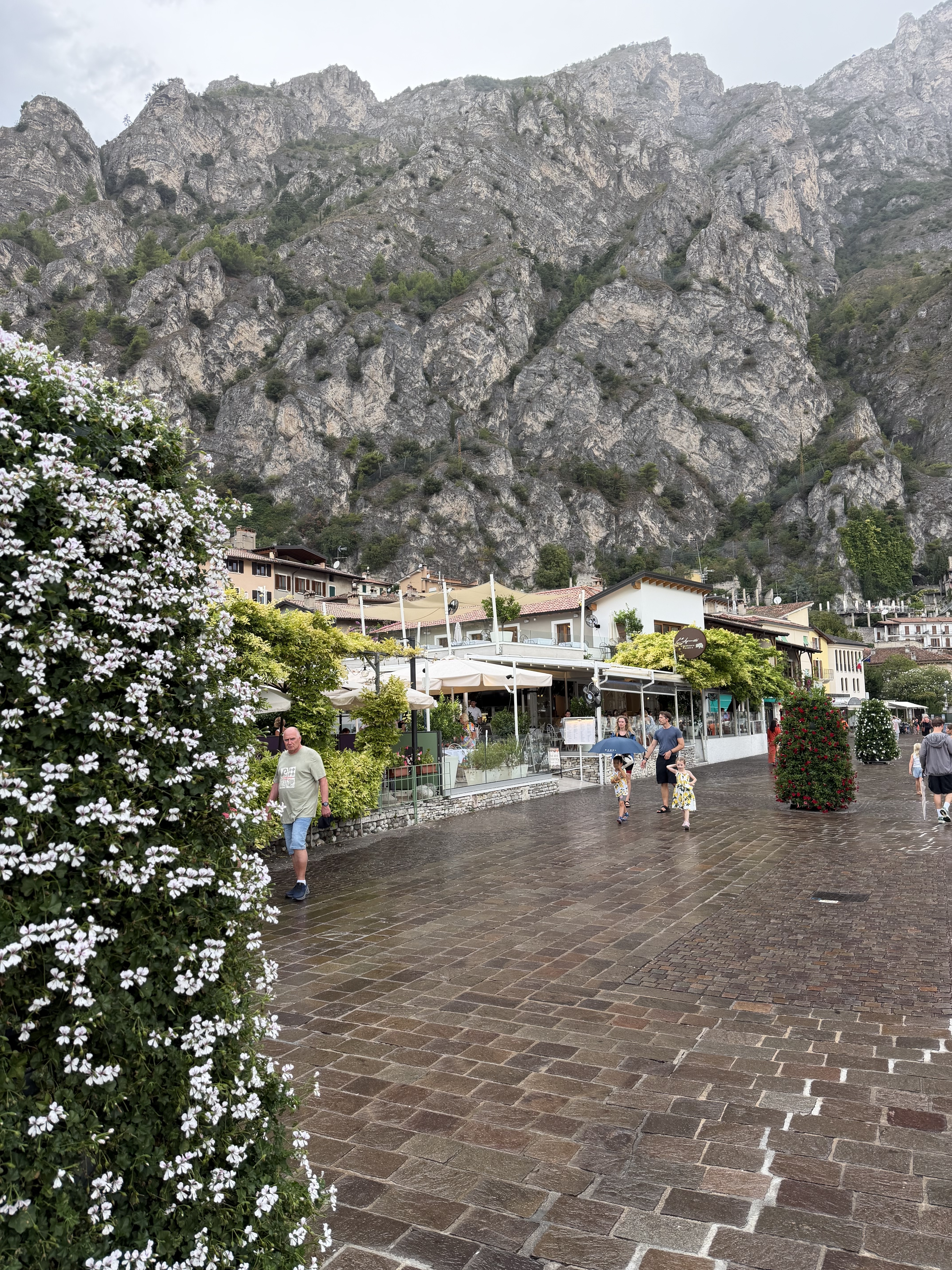 Ankunft bei Regen: Promenade mit Blumenschmuck und steilen Felsen im Hintergrund