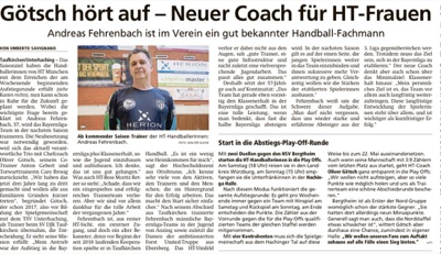Zeitungsausschnitt: Götsch hört auf — Neuer Coach für HT-Frauen