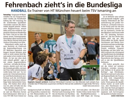 Zeitungsausschnitt: Fehrenbach zieht’s in die Bundesliga